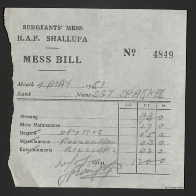 Don Sparkes&#039; RAF Shallufa Mess Bill