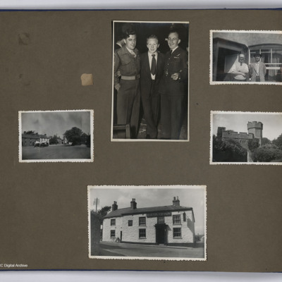 Don Sparkes and airmen, village views and Marquis of Granby pub and church