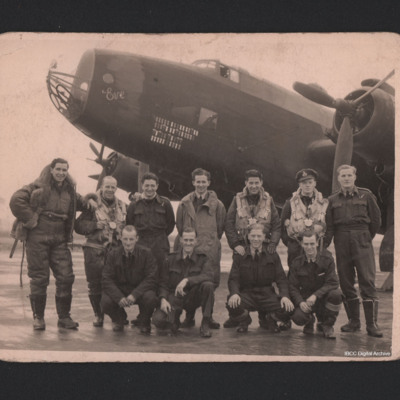 Air and groundcrew in front of a Halifax