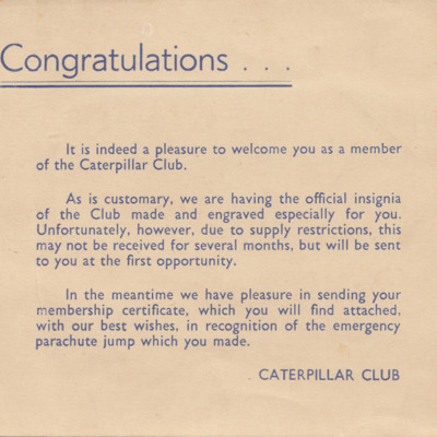 Caterpillar Club Welcome Letter