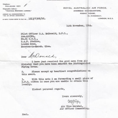 Letter to Donald McDonald from from the Commonwealth of Australia 
