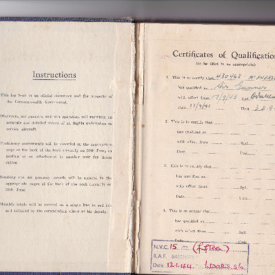 Gerald McPherson air gunner&#039;s flying log book
