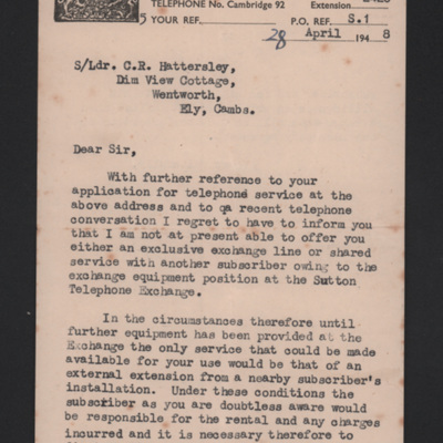 Letter from Post Office Telephones to Peter Hattersley
