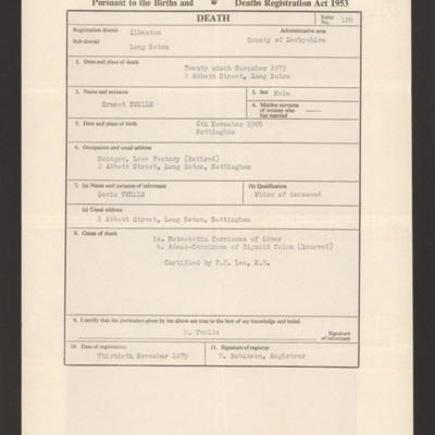 Ernie Twells&#039; Death Certificate