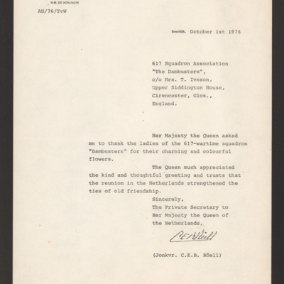 Letter to 617 Squadron Association from the Private Secretary of the Queen of the Netherlands