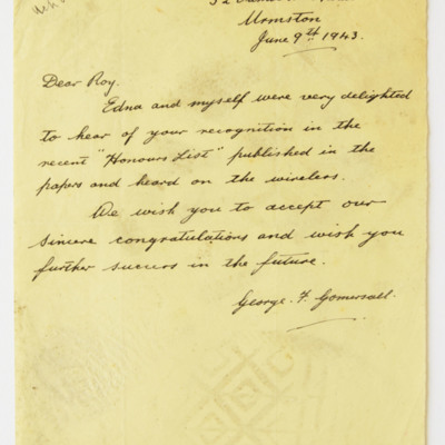 Letter to Roy Chadwick from George Gomershall