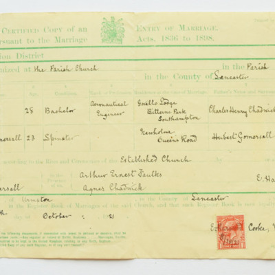 Roy Chadwick and Mary Gomersall&#039;s Wedding certificate