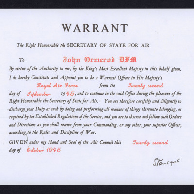Warrant promoting John Omerod to Warrant Officer