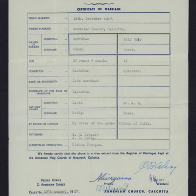 Marriage certificate for Amerkhan Boldy and Lily Moses