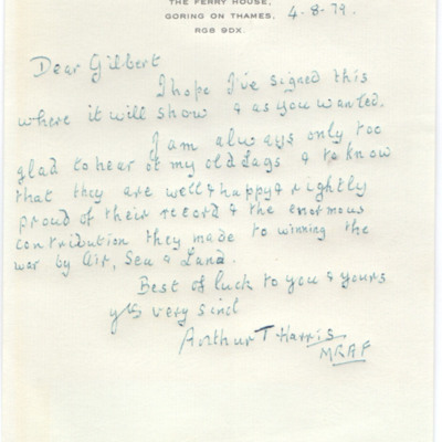 Letter to Gilbert from Arthur Harris