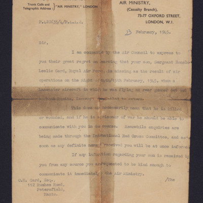 Letter to Mr C N Gard from the Air Ministry