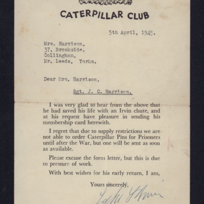 John Harrison&#039;s Caterpillar Club certificate
