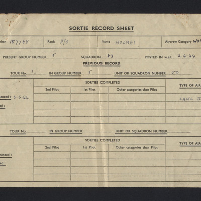 George Holmes sortie record sheet 9 and 50 Squadrons