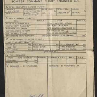 Bomber Command Flight Engineer Log