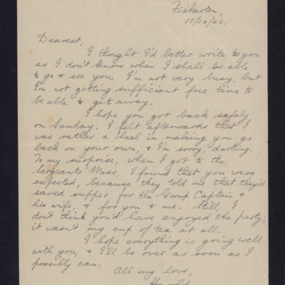 Letter from  Harold Gorton to his wife