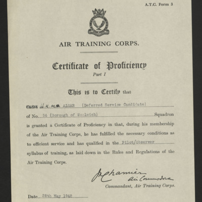 Certificate of proficiency - air training corps