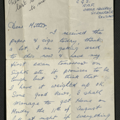 Letter from Dennis Batty to his mother