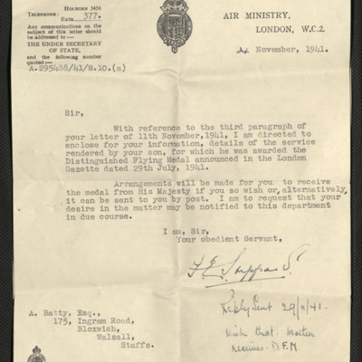 Letter and citation for Distinguished Flying Medal awarded to Dennis Batty