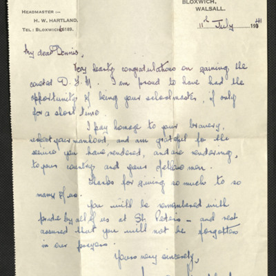Letter to Dennis Batty from his headmaster