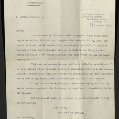 Letter from the Air Ministry to W Coling