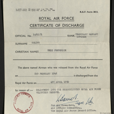 Eric Coling&#039;s Certificate of Discharge
