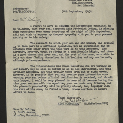 Letter from Wing Commander 50 Squadron to Eric Coling&#039;s mother