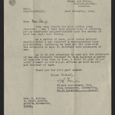 Letter from Wing Commander of 50 Squadron to Mrs Coling