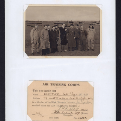 Ten men standing on airfield during interview and  Air Training Corps certificate