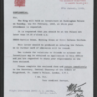Letter to DJH Maltby to attend an Investiture