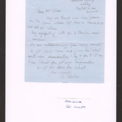 Letter to Mrs Wilson from mother of Frank Fuller