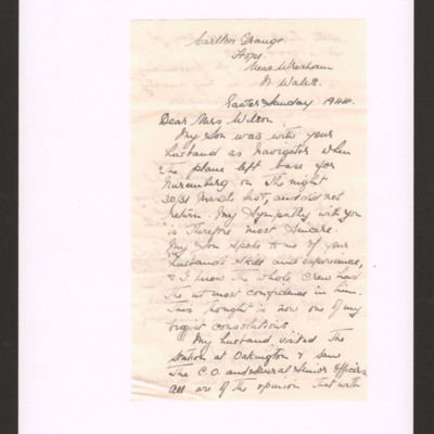 Letter to Mrs Wilson from mother of Sergeant Joe Stevens