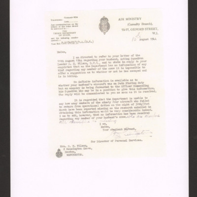 Letter to Mrs Wilson from Air Ministry