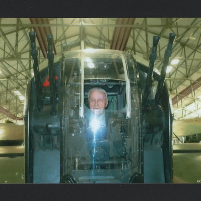 Derek Gurney in the tail turret of a Lancaster