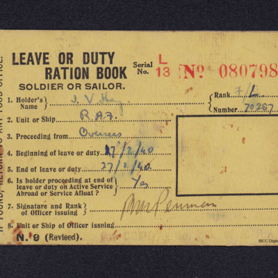 Leave or Duty Ration Book