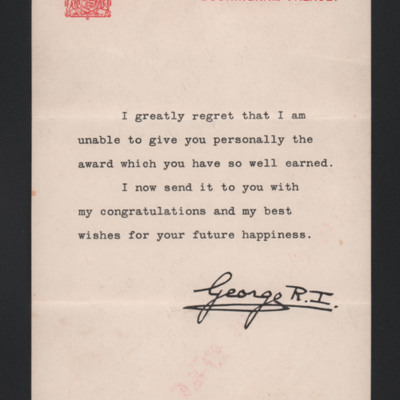 Letter to Peter Hazeldene from King George VI