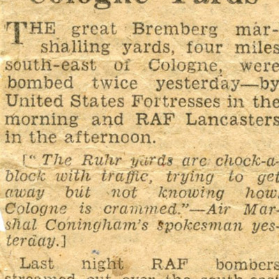 Newspaper cutting - double raid on Cologne yards