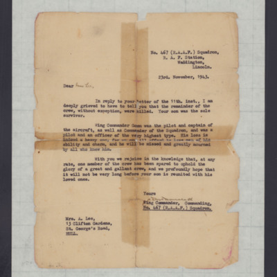 Letter to Mrs A Lee from Officer Commanding 467 Squadron
