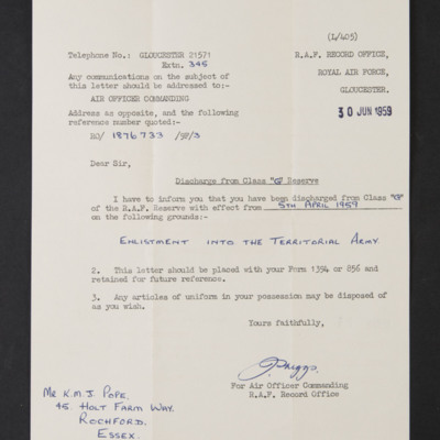 Letter from the Royal Air Force Record Office to Kenneth Pope