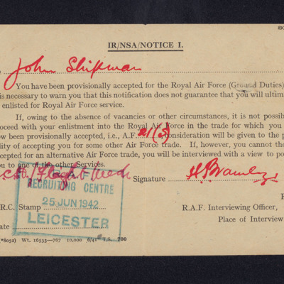 John Shipman&#039;s provisional acceptance in to the RAF