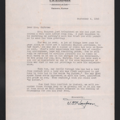 Letter to Mrs A Whybrow from TD Hampson