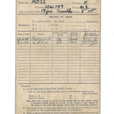 Henry Moss physical fitness test record card