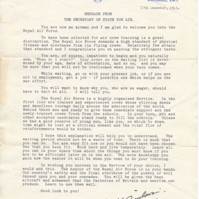Welcome to RAF letter to Henry Moss