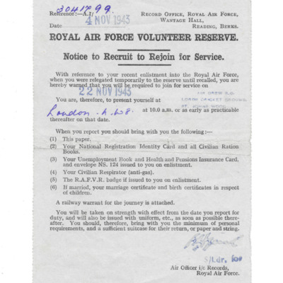 Royal air Force Volunteer Reserve notice to recruit to re-join for service